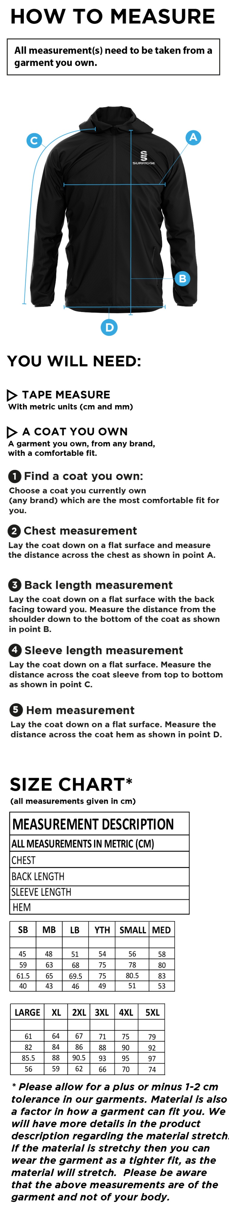 Phoenix HC - Dual Full Zip Training Jacket - Size Guide
