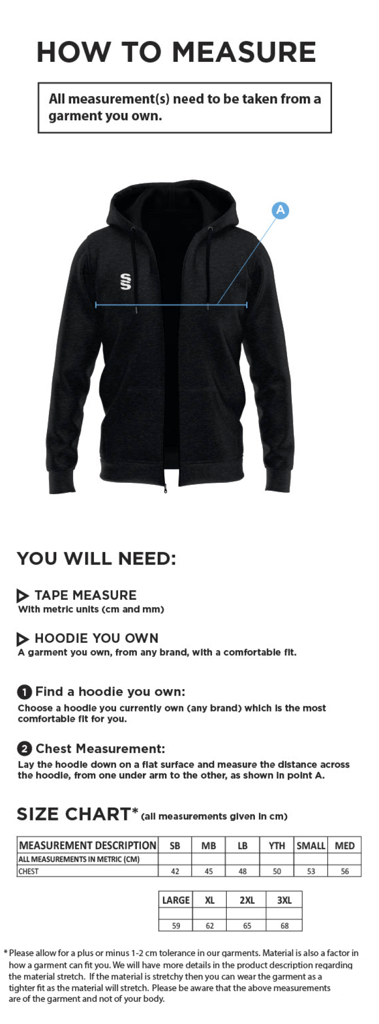 Phoenix HC - Dual Full Zip Hoody - Size Guide