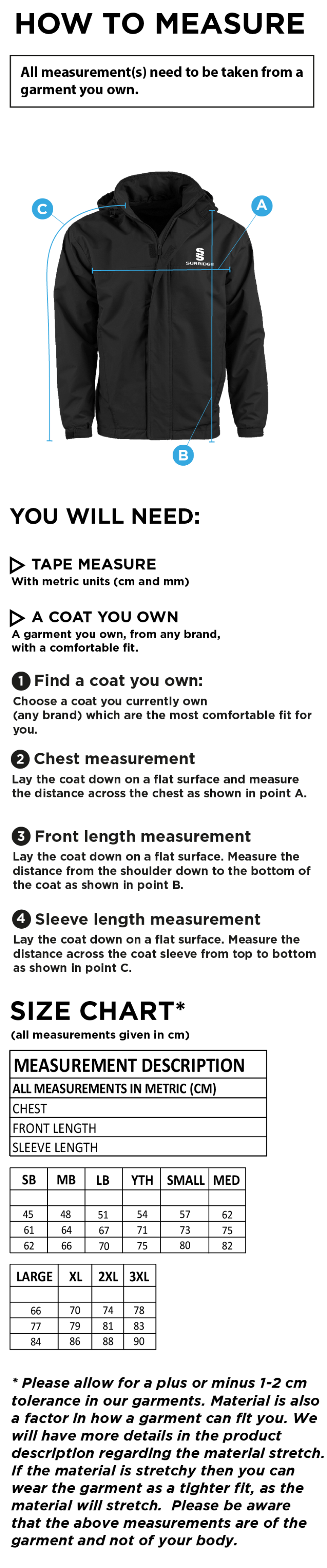 Phoenix HC - Dual Fleece Lined Jacket - Size Guide