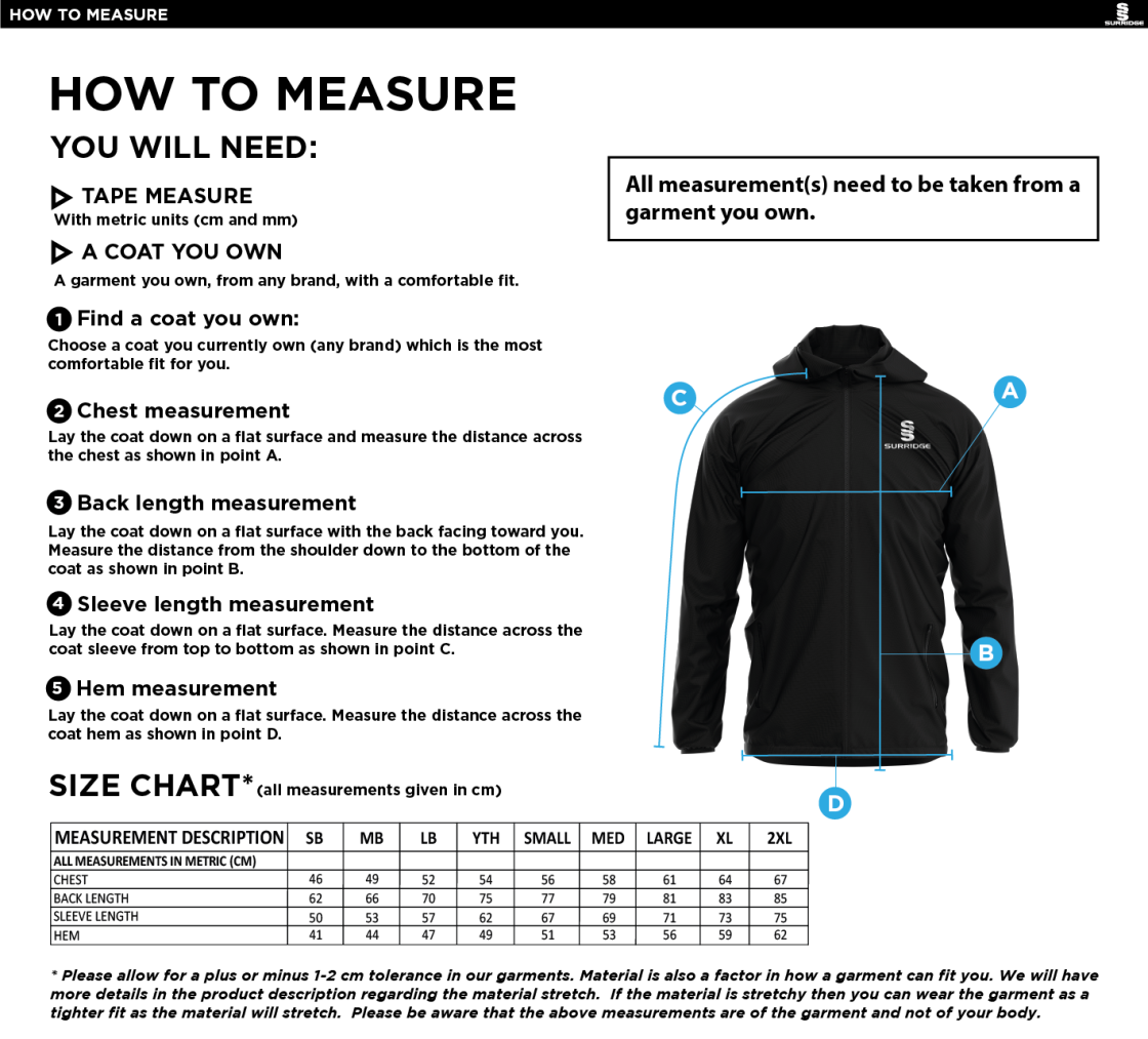 Phoenix HC - Dual Full Zip Training Jacket - Size Guide